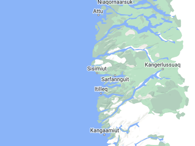 Map showing location of Sisimiut (66.93946, -53.6735)