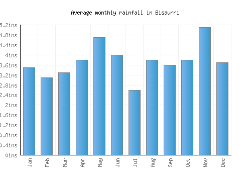 Bisaurri monthly rainfall chart (inches)
