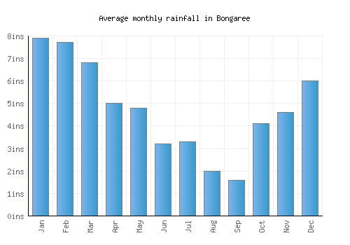 Bongaree monthly rainfall chart (inches)
