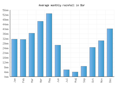Bor monthly rainfall chart (mm)