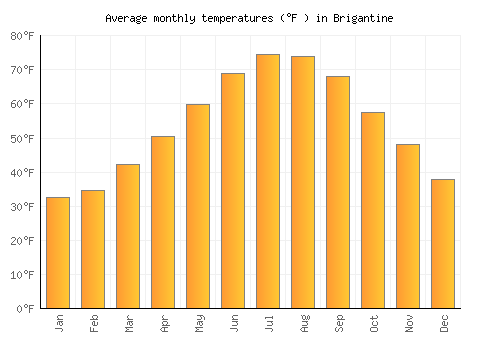 Brigantine average temperature chart (Fahrenheit)