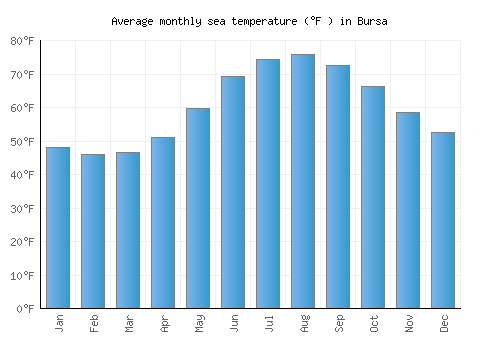 Bursa average sea temperature chart (Fahrenheit)