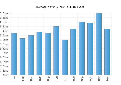 Buzet monthly rainfall chart (inches)