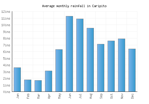 Caripito monthly rainfall chart (inches)