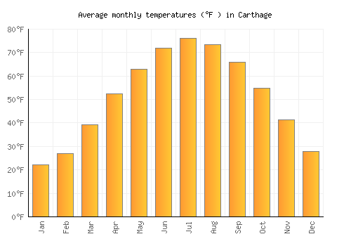 Carthage average temperature chart (Fahrenheit)