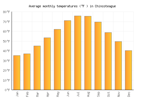 Chincoteague average temperature chart (Fahrenheit)