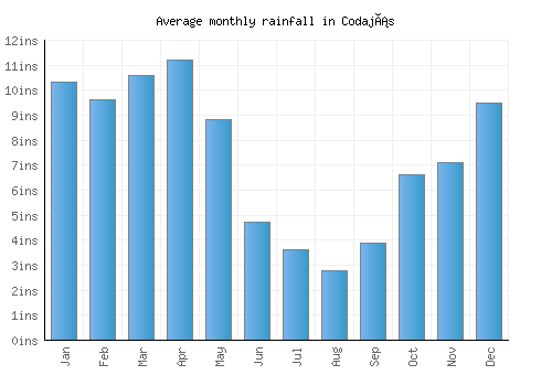 Codajás monthly rainfall chart (inches)