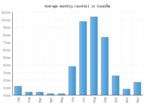 Cosalá monthly rainfall chart (inches)