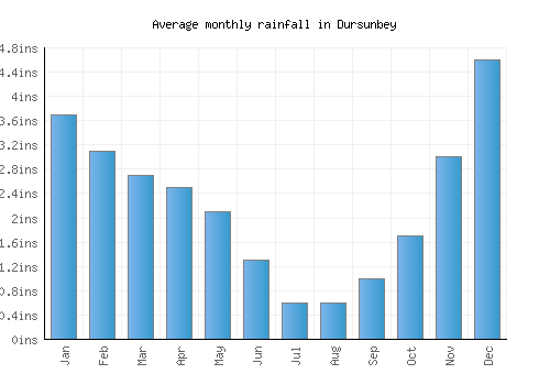 Dursunbey monthly rainfall chart (inches)