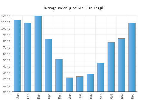 Feijó monthly rainfall chart (inches)