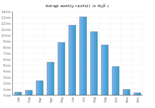 Hojāi monthly rainfall chart (inches)