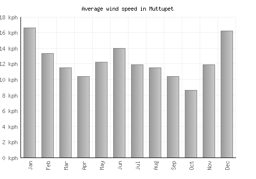 Muttupet average winspeed by month (km/h)