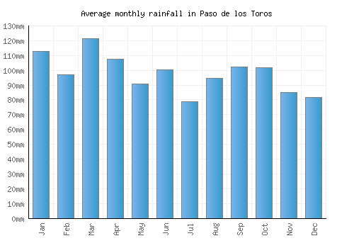 Paso de los Toros monthly rainfall chart (mm)