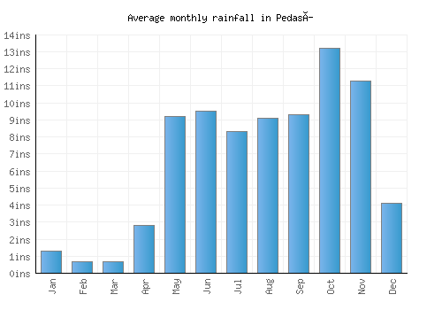 Pedasí monthly rainfall chart (inches)