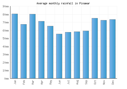 Pinamar monthly rainfall chart (mm)