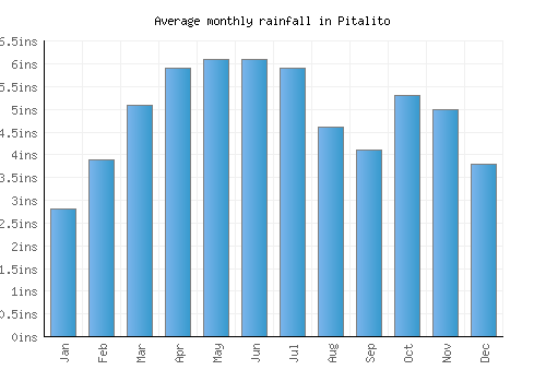 Pitalito monthly rainfall chart (inches)