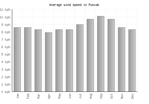 Puncak average winspeed by month (km/h)