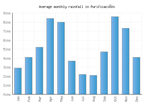 Purificación monthly rainfall chart (inches)