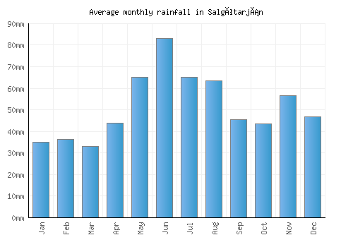 Salgótarján monthly rainfall chart (mm)