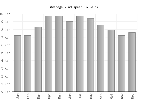 Selim average winspeed by month (km/h)