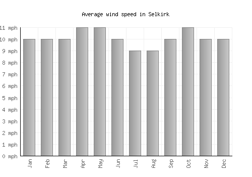 Selkirk average winspeed by month (mph)