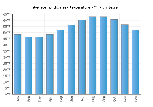 Selsey average sea temperature chart (Fahrenheit)
