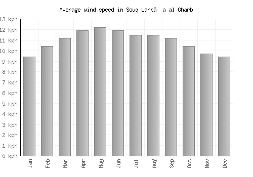 Souq Larb’a al Gharb average winspeed by month (km/h)