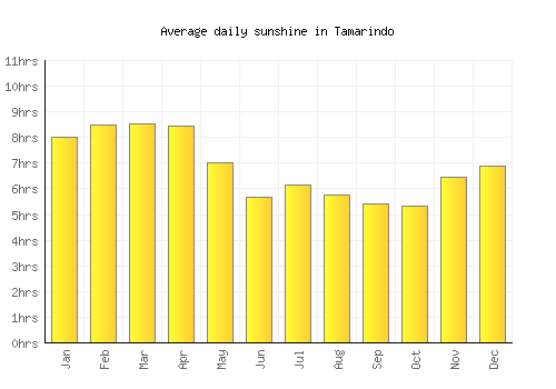 Tamarindo average daily sunshine chart