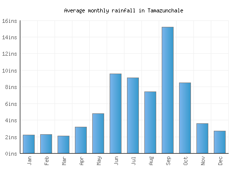 Tamazunchale monthly rainfall chart (inches)
