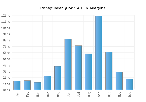 Tantoyuca monthly rainfall chart (inches)