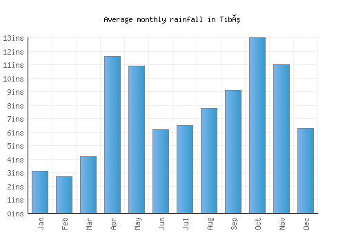 Tibú monthly rainfall chart (inches)