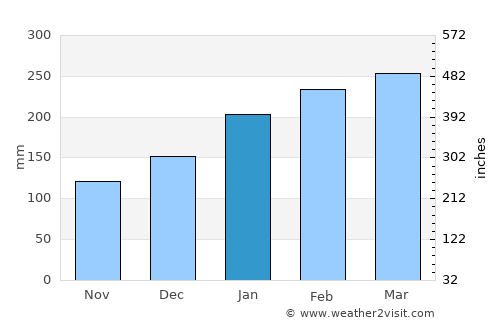Toormina average rain in January