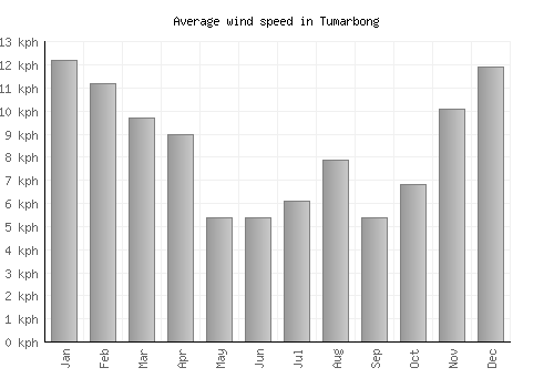 Tumarbong average winspeed by month (km/h)