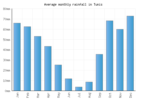 Tunis monthly rainfall chart (mm)