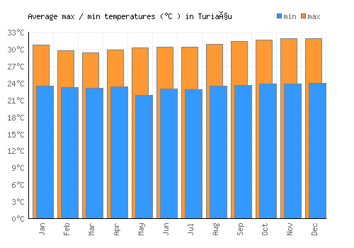 Turiaçu average minimum / maximum temperatures (Celsius)
