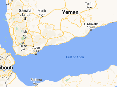 Map showing location of Aḩwar (13.52019, 46.71367)