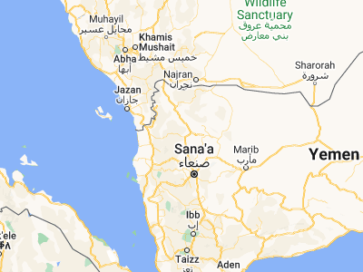 Map showing location of Al ‘Ashshah (16.25652, 43.85476)