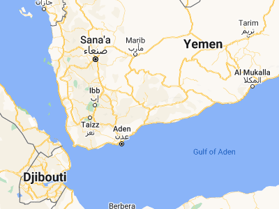 Map showing location of Al Bayḑā’ (13.98523, 45.57272)