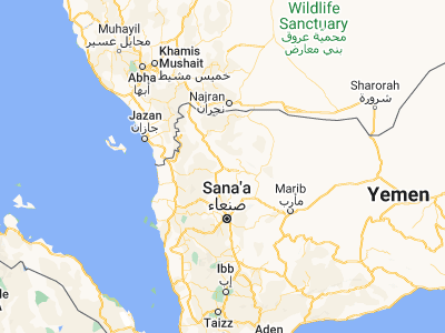 Map showing location of Al Ḩarf (16.36395, 44.09421)