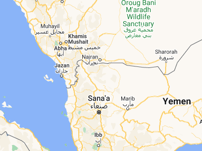 Map showing location of Al Ḩashwah (16.90641, 44.27622)
