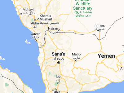 Map showing location of Al Ḩumaydāt (16.48566, 44.43028)