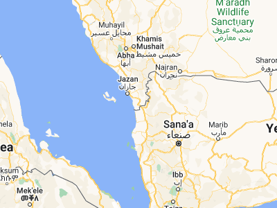 Map showing location of Al Jarādīyah (16.57946, 42.9124)