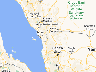 Map showing location of Al Kharāb (16.99129, 43.33888)