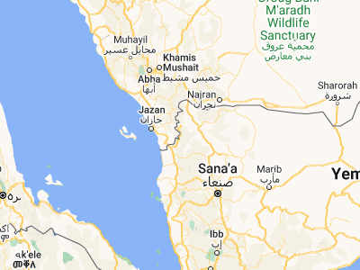 Map showing location of Al Malāḩīţ (16.76848, 43.27582)
