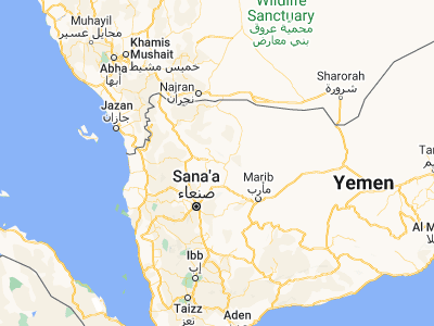 Map showing location of Al Matūn (16.23063, 44.58476)