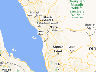 Map showing location of An Naz̧īr (16.90916, 43.26226)