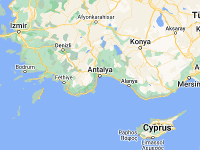Map showing location of Antalya (36.90812, 30.69556)