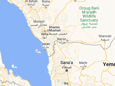 Map showing location of Bāqim as Sūq (17.39713, 43.47743)