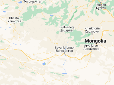 Map showing location of Bayanhongor (46.71667, 100.11667)