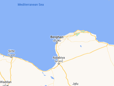 Map showing location of Benghazi (32.11667, 20.06667)